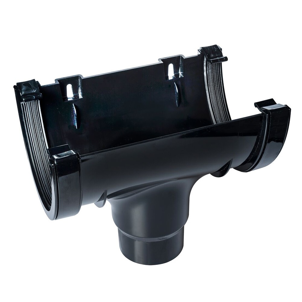 Black 170mm Super Deep Gutter to 110mm Round Downpipe Running Outlet Black 170mm Super Deep Gutter to 110mm Round Downpipe Running Outlet