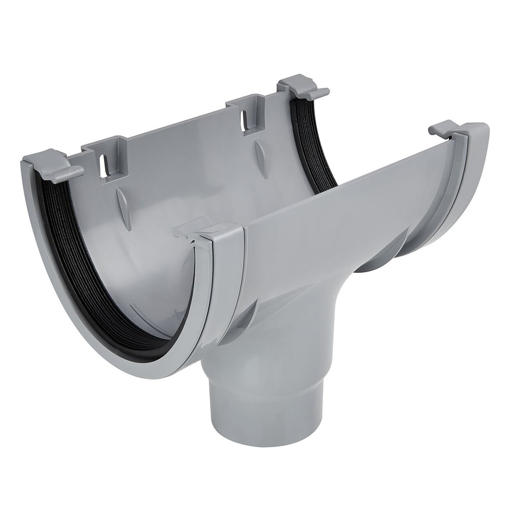 Grey 170mm Super Deep Gutter to 110mm Round Downpipe Running Outlet Grey 170mm Super Deep Gutter to 110mm Round Downpipe Running Outlet