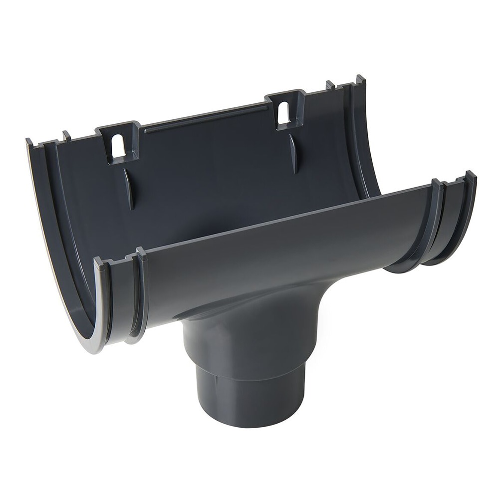 Anthracite Grey 114mm Deep Gutter to 68mm Round Downpipe Running Outlet Anthracite Grey 114mm Deep Gutter to 68mm Round Downpipe Running Outlet