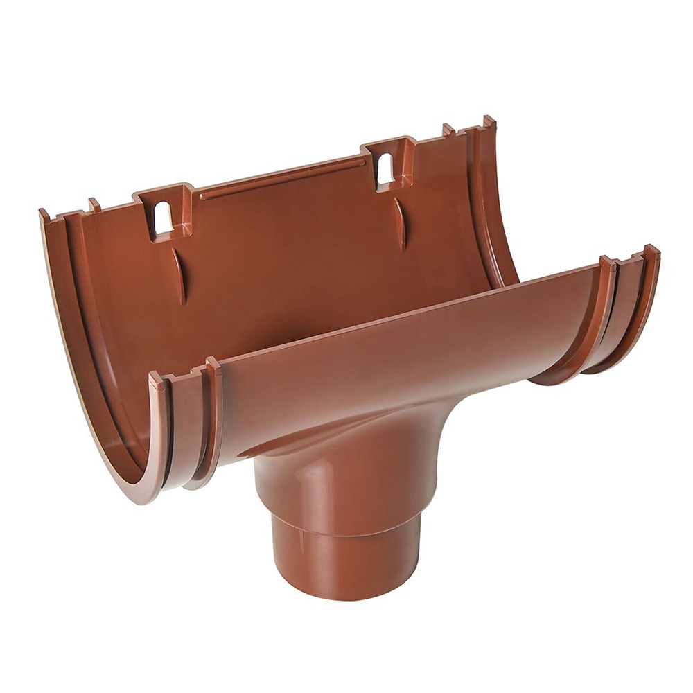 Brown 114mm Deep Gutter to 68mm Round Downpipe Running Outlet Brown 114mm Deep Gutter to 68mm Round Downpipe Running Outlet