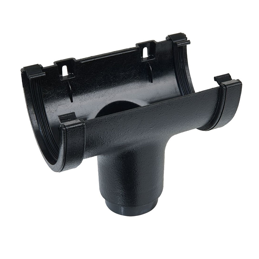 Cast Iron Effect 114mm Deep Gutter to 68mm Round Downpipe Running Outlet Cast Iron Effect 114mm Deep Gutter to 68mm Round Downpipe Running Outlet