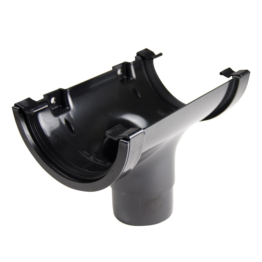 Black 112mm Half Round Gutter to 68mm Round Downpipe Running Outlet