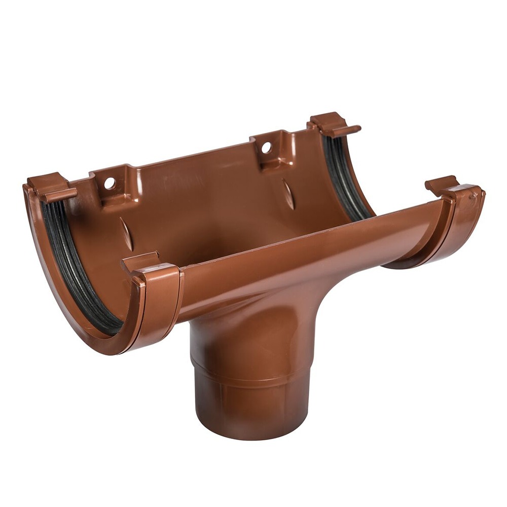 Brown 112mm Half Round Gutter to 68mm Round Downpipe Running Outlet Brown 112mm Half Round Gutter to 68mm Round Downpipe Running Outlet