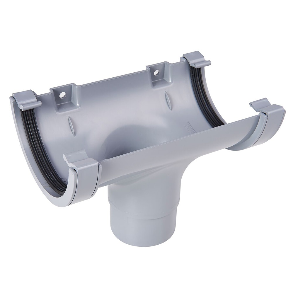 Grey 112mm Half Round Gutter to 68mm Round Downpipe Running Outlet Grey 112mm Half Round Gutter to 68mm Round Downpipe Running Outlet
