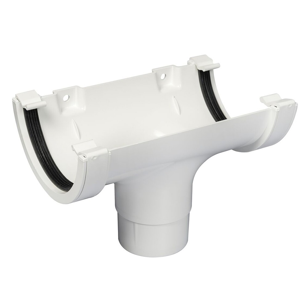 White 112mm Half Round Gutter to 68mm Round Downpipe Running Outlet White 112mm Half Round Gutter to 68mm Round Downpipe Running Outlet