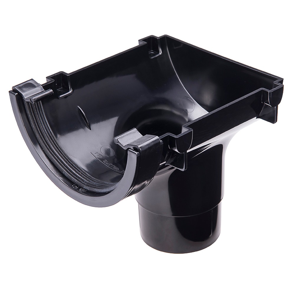 Black 112mm Half Round Gutter to 68mm Round Downpipe Stopend Outlet 