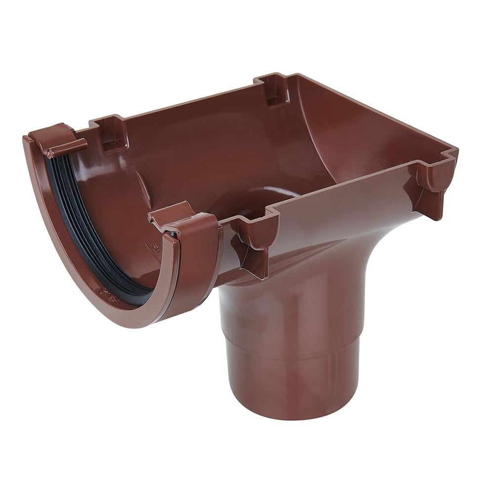 Brown 112mm Half Round Gutter to 68mm Round Downpipe Stopend Outlet Brown 112mm Half Round Gutter to 68mm Round Downpipe Stopend Outlet