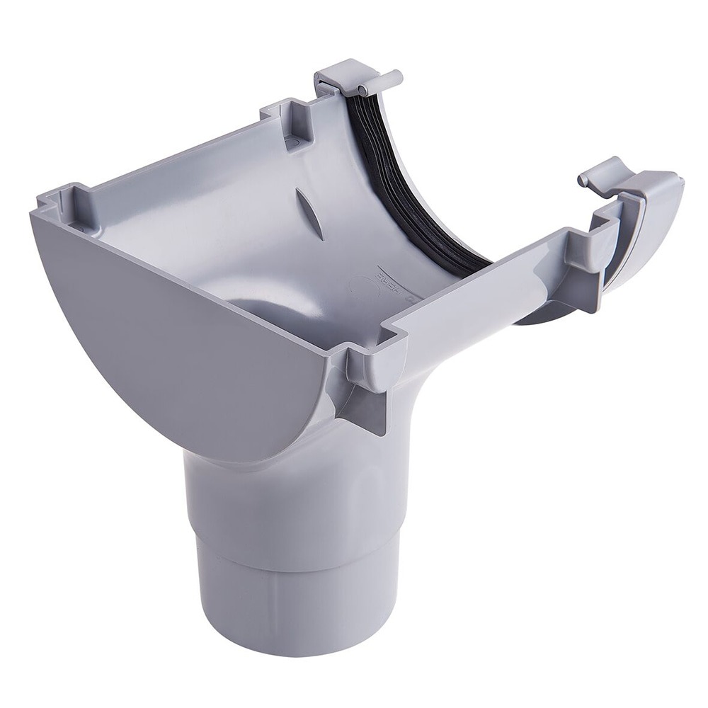 Grey 112mm Half Round Gutter to 68mm Round Downpipe Stopend Outlet Grey 112mm Half Round Gutter to 68mm Round Downpipe Stopend Outlet