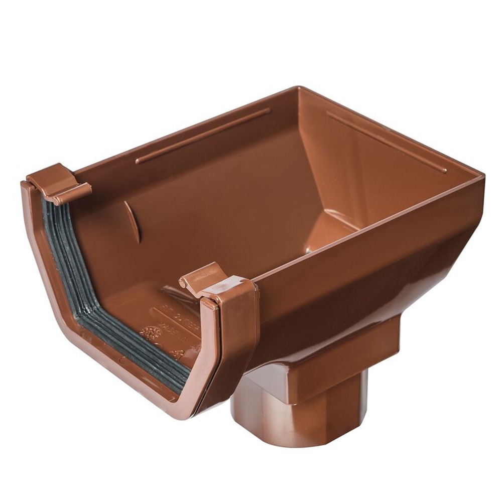 Brown 117mm Square Gutter to 65mm Square or 68mm Round Downpipe Stopend Outlet Brown 117mm Square Gutter to 65mm Square or 68mm Round Downpipe Stopend Outlet