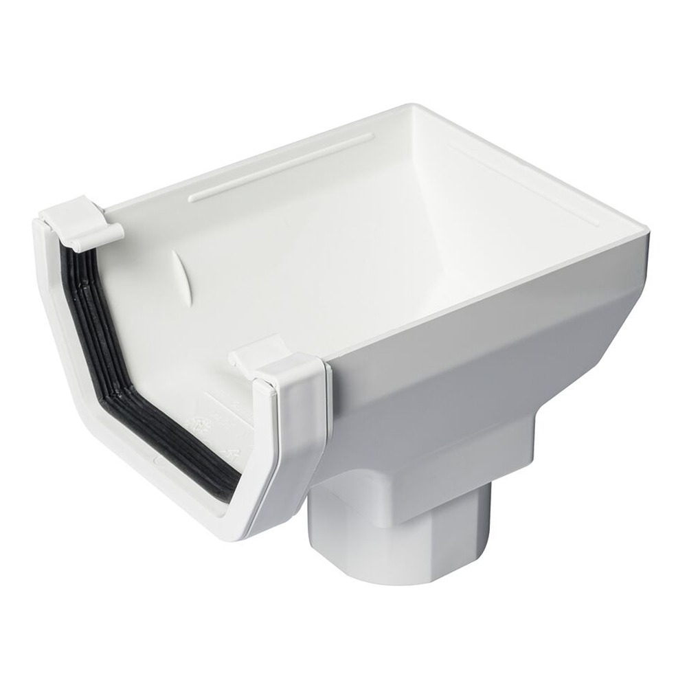 White 117mm Square Gutter to 65mm Square or 68mm Round Downpipe Stopend Outlet White 117mm Square Gutter to 65mm Square or 68mm Round Downpipe Stopend Outlet