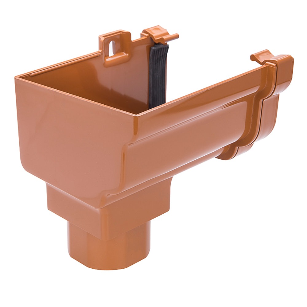 Caramel 120mm Ogee Gutter to 68mm Round or 65mm Square Downpipe Left Hand Stopend Outlet Caramel 120mm Ogee Gutter to 68mm Round or 65mm Square Downpipe Left Hand Stopend Outlet
