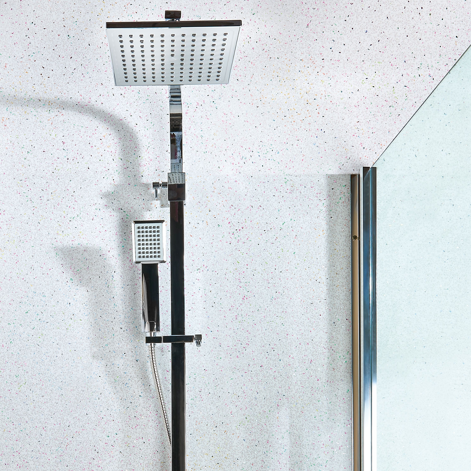 White Diamond 5mm sparkle effect 5mm bathroom panels installed in a shower