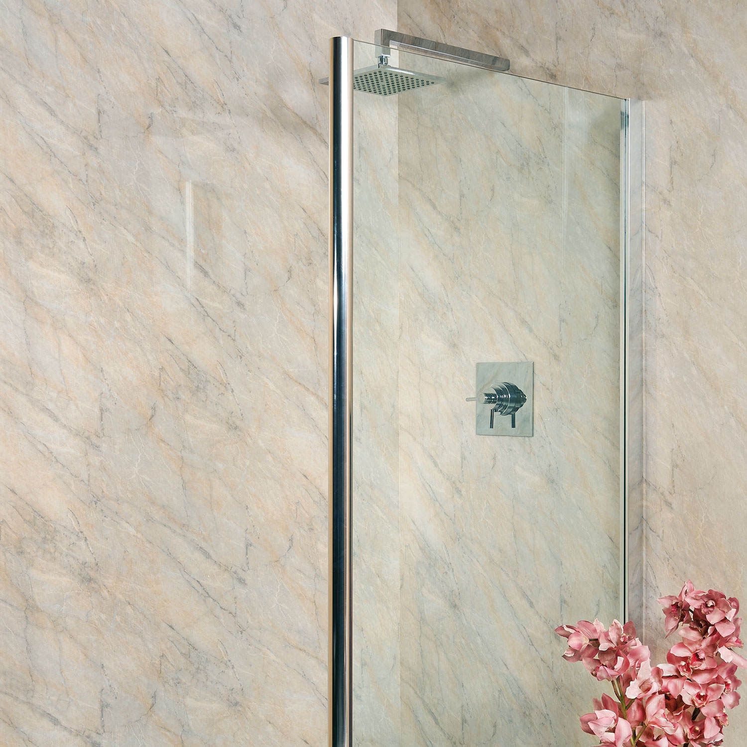 Pergamon Marble 5mm bathroom panel installed in a shower Pergamon Marble 5mm bathroom panel installed in a shower